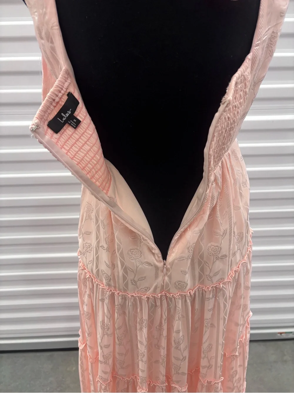 Lulus Small Picturesque Allure Blush Pink Jacquard Tie-Strap Maxi Dress Wedding - Picture 7 of 11